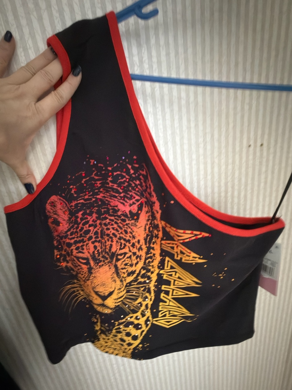 Women’s one shoulder Black Def Leppard Tank Top Gradient Cheetah. Crystals!